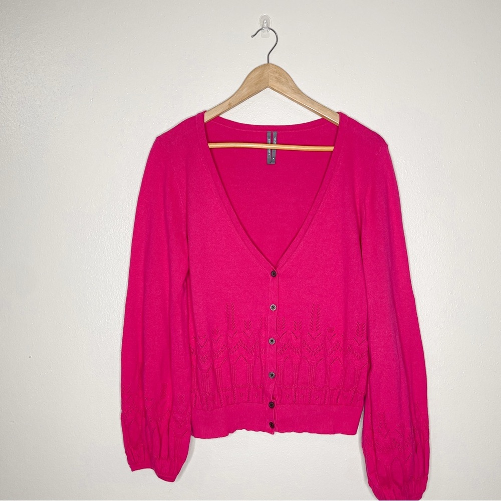 Anthropologie | Pointelle Knit‎ Balloon Sleeve Magenta Pink Cardigan